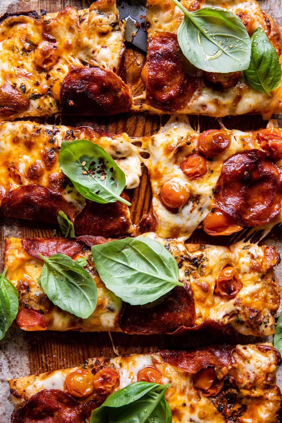 Detroit Style Tomato Herb Pepperoni Pizza | halfbakedharvest.com