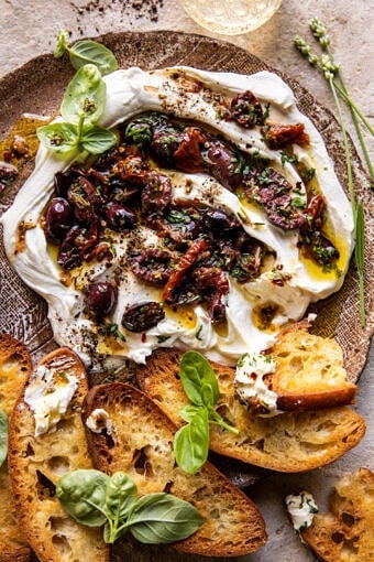 Honey Whipped Goat Cheese with Marinated Olives | halfbakedharvest.com