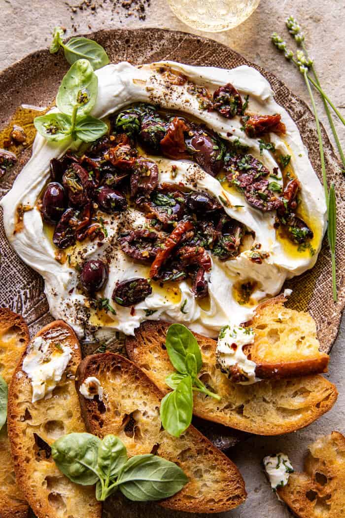 Honey Whipped Goat Cheese with Marinated Olives.
