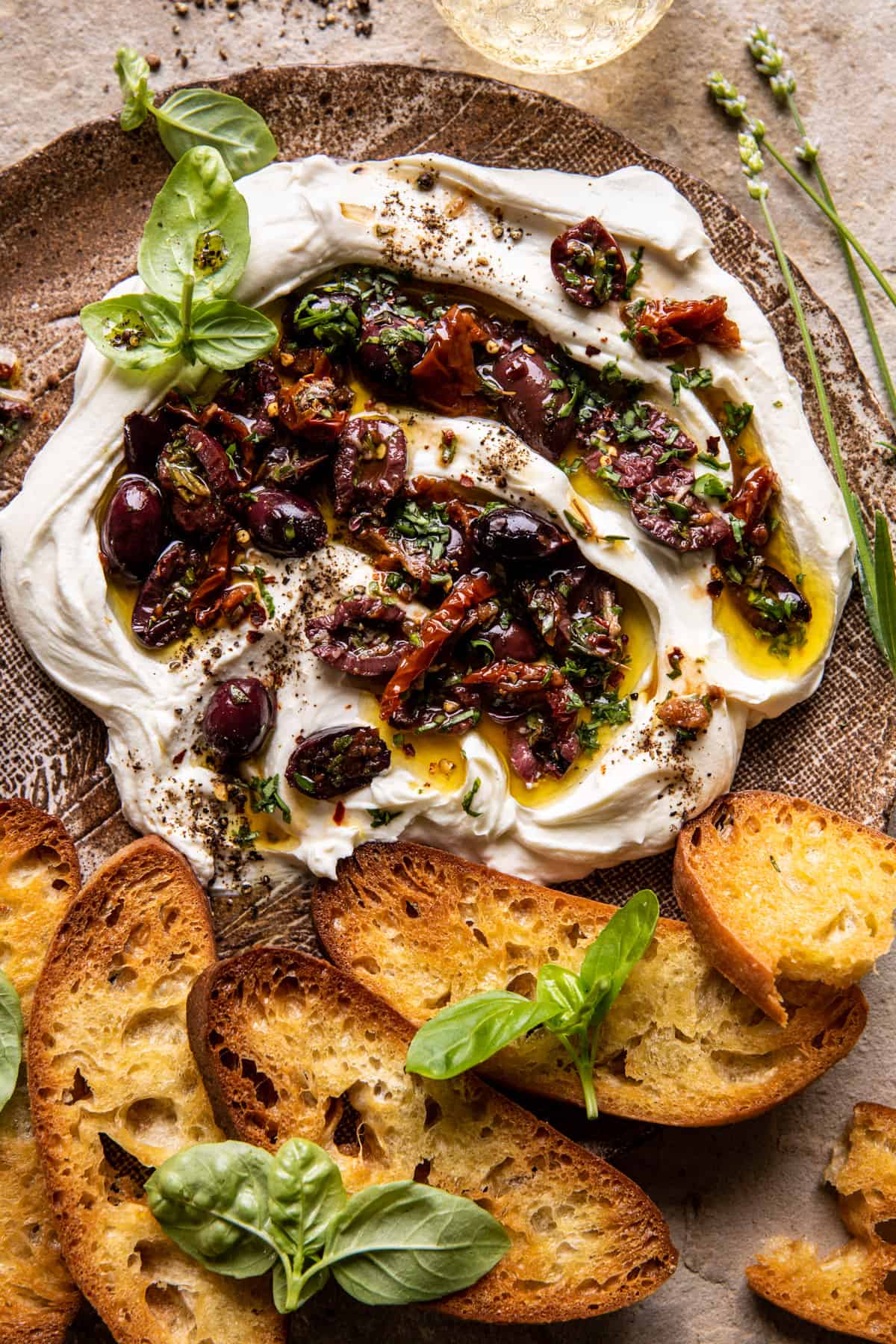 Honey Whipped Goat Cheese with Marinated Olives | halfbakedharvest.com