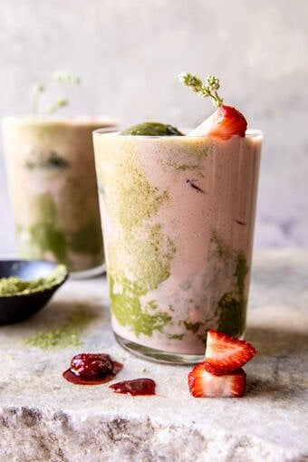 Iced Strawberry Milk Matcha Latte | halfbakedharvest.com