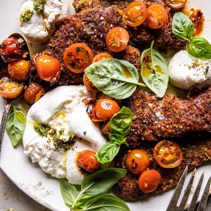 Pesto Chicken Saltimbocca with Burst Tomatoes and Burrata | halfbakedharvest.com