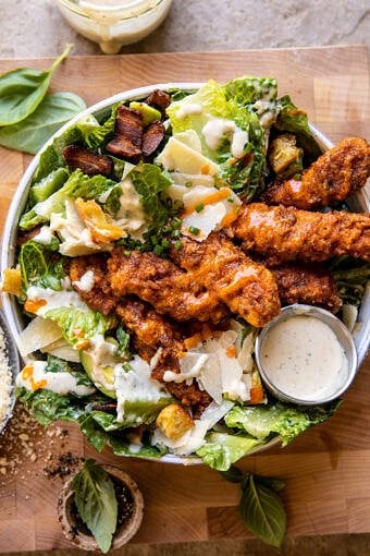 Buffalo Ranch Pretzel Chicken Caesar Salad | halfbakedharvest.com