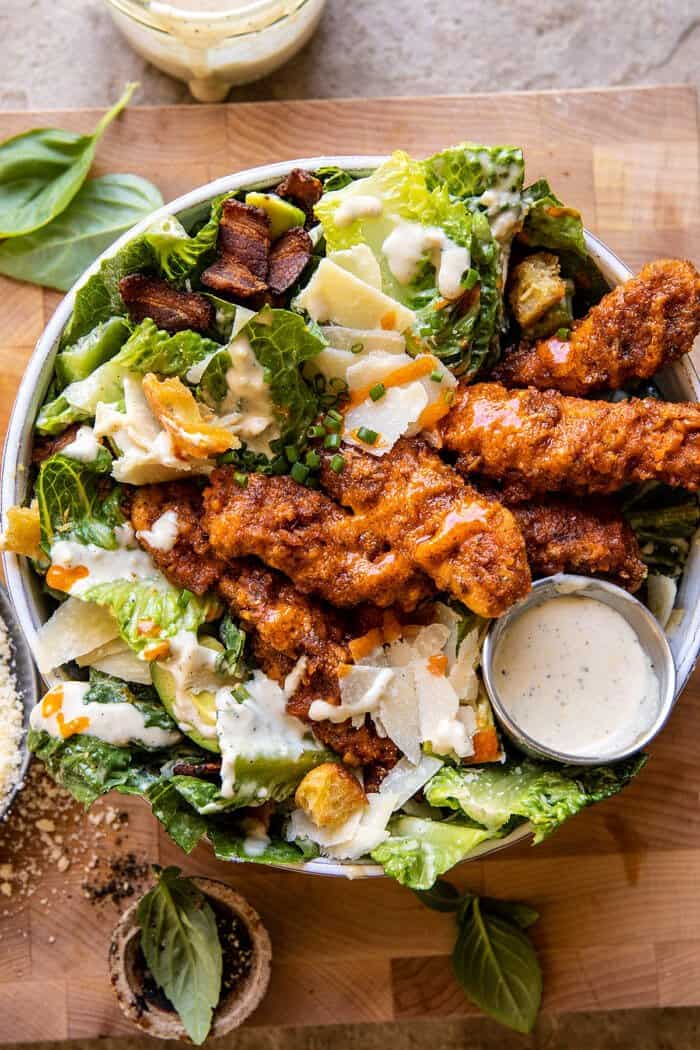 Buffalo Ranch Pretzel Chicken Caesar Salad.