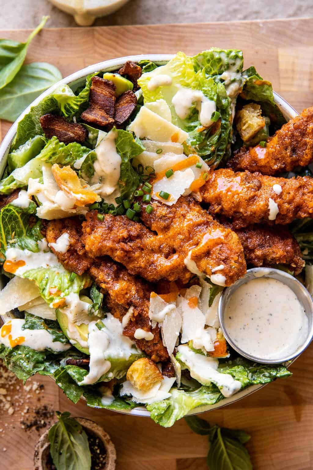 Buffalo Ranch Pretzel Chicken Caesar Salad. Half Baked Harvest