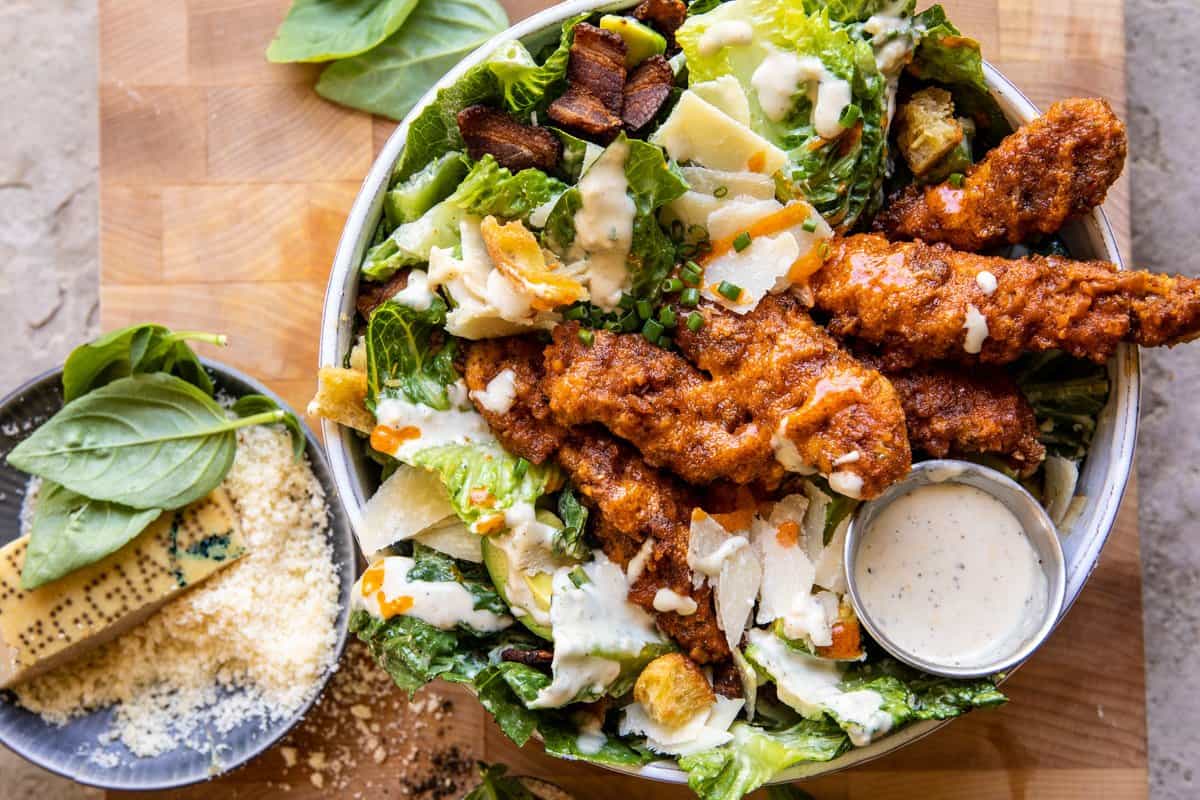 Buffalo Ranch Pretzel Chicken Caesar Salad | halfbakedharvest.com