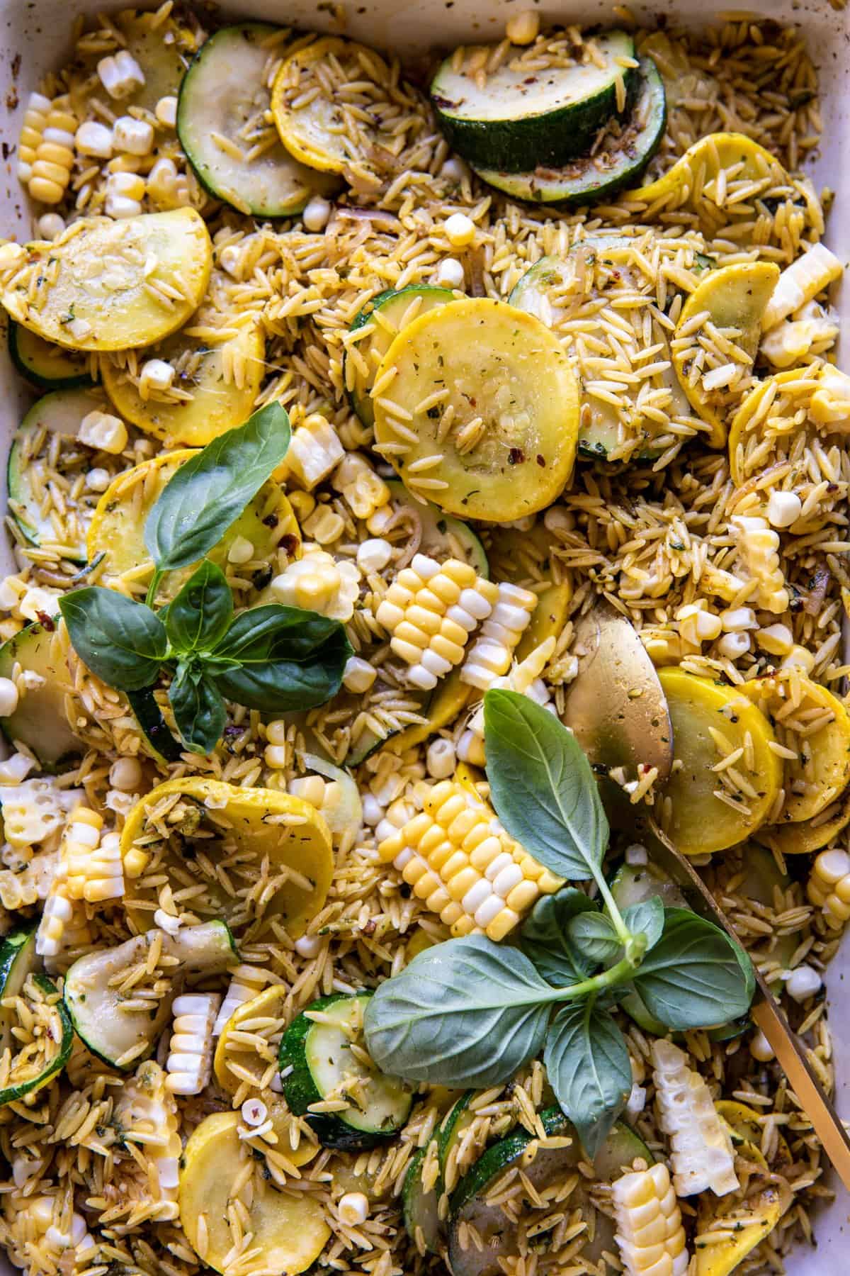 One Pan Corn and Zucchini Pesto Orzo Casserole | halfbakedharvest.com