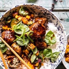 Sweet and Spicy Sesame Meatball Bowl with Mango Cucumber Salad | halfbakedharvest.com
