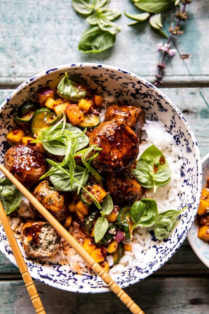 Sweet and Spicy Sesame Meatball Bowl with Mango Cucumber Salad.
