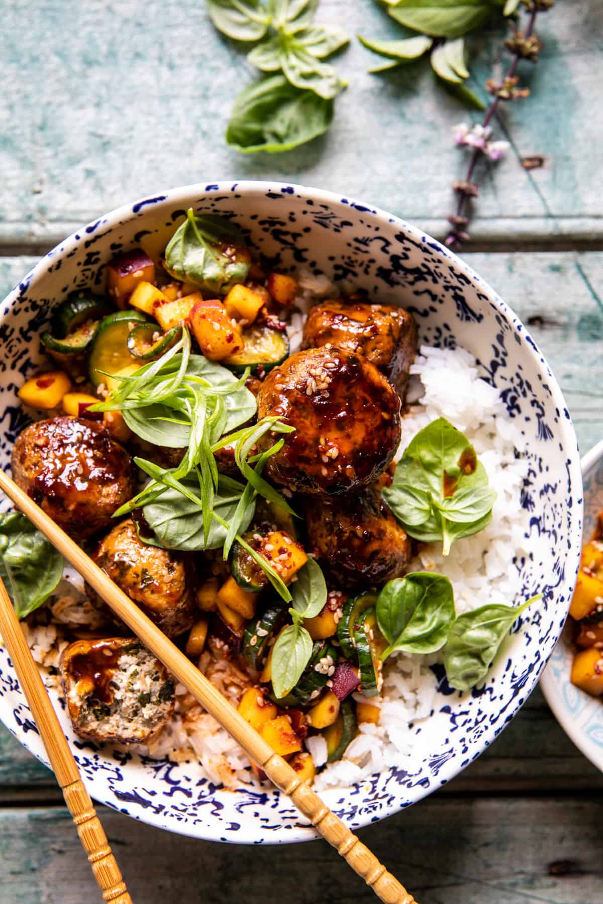 Sweet and Spicy Sesame Meatball Bowl with Mango Cucumber Salad | halfbakedharvest.com