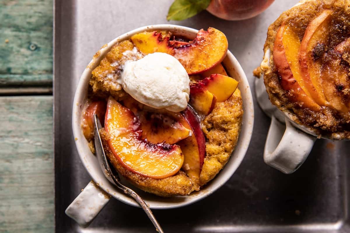 10 Minute Gooey Vanilla Peach Mug Cake | halfbakedharvest.com