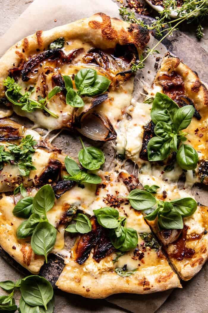 Caramelized Shallot and Bacon Goat Cheese Pizza.