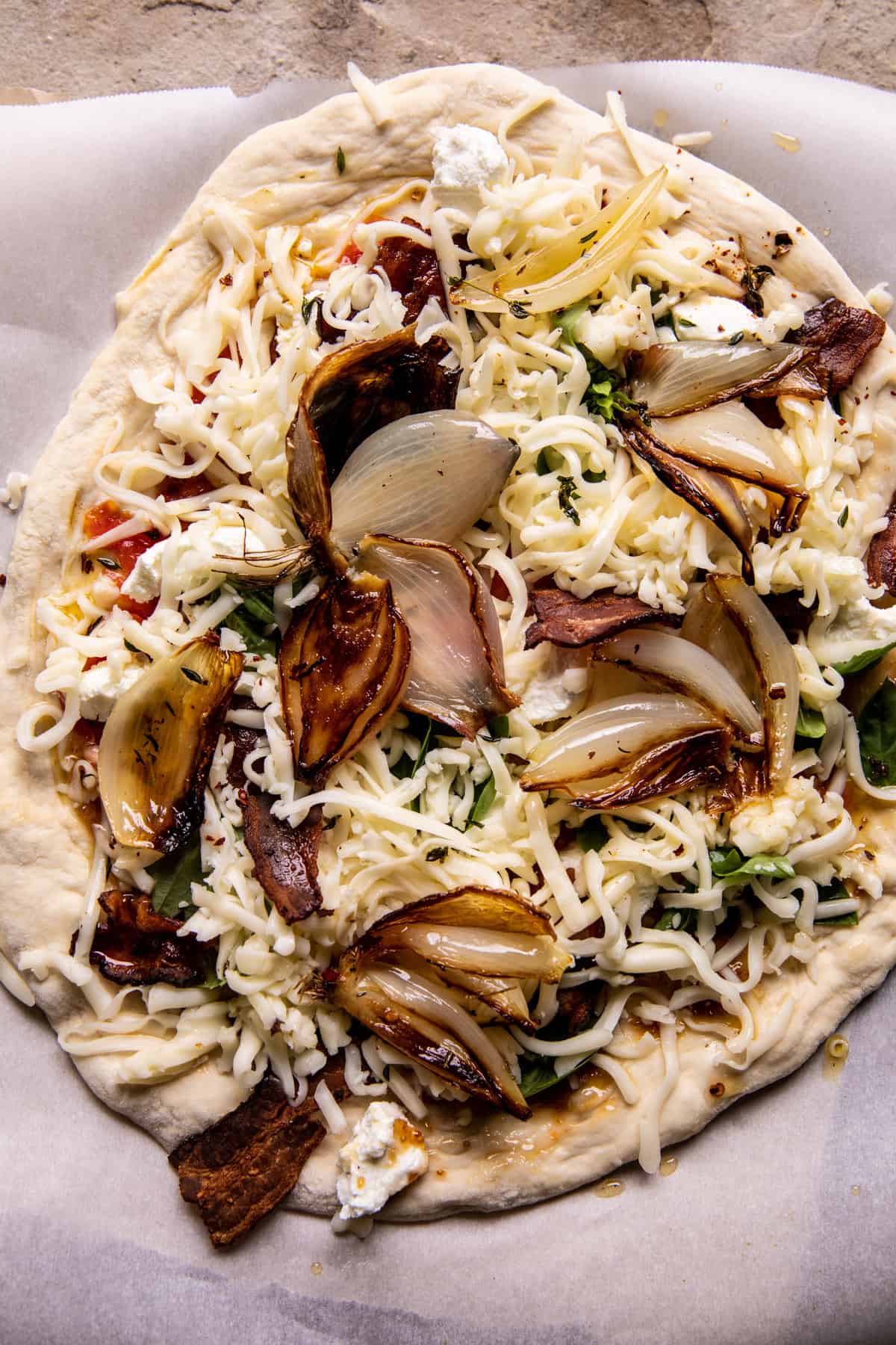 Caramelized Shallot and Bacon Goat Cheese Pizza | halfbakedharvest.com
