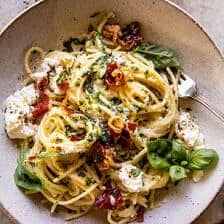 Zucchini Carbonara with Crispy Prosciutto and Burrata | halfbakedharvest.com