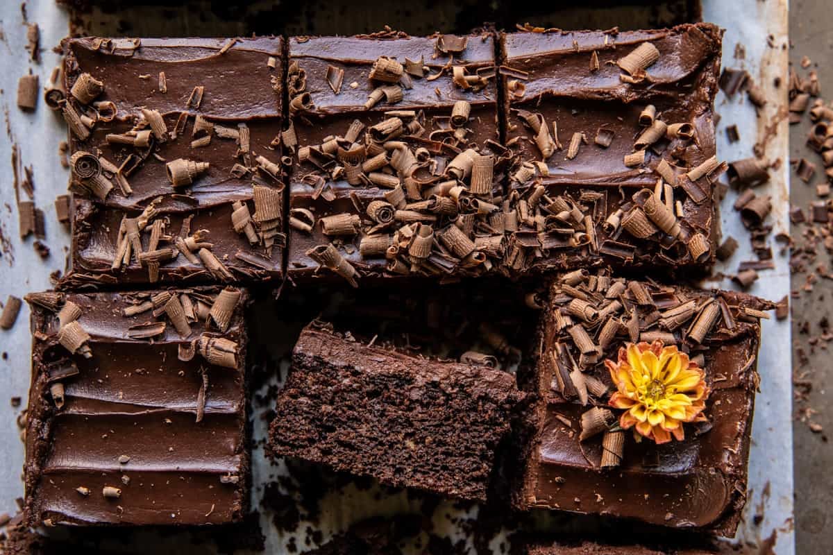 Fudge Frosted Chocolate Olive Oil Sheet Cake | halfbakedharvest.com