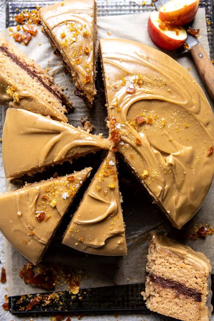 Old Fashioned Caramel Apple Butter Cake with Chocolate Frosting.