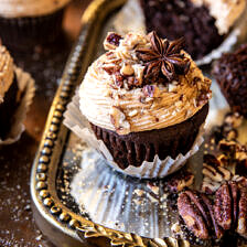Chocolate Bourbon Chai Latte Cupcakes with Butter Pecan Frosting | halfbakedharvest.com