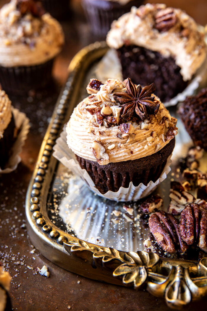 Chocolate Bourbon Chai Latte Cupcakes with Butter Pecan Frosting.