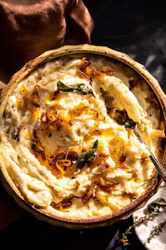 Crockpot Cheesy Mashed Potatoes with Caramelized Onions | halfbakedharvest.com
