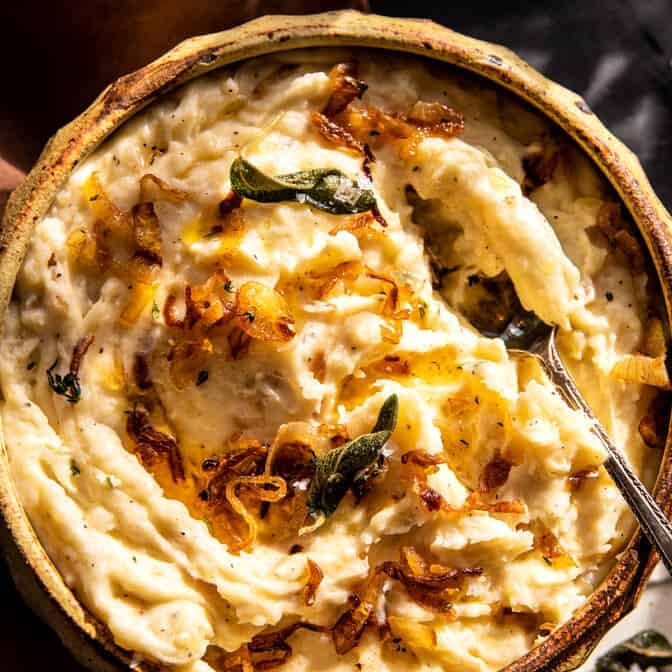 Crockpot Cheesy Mashed Potatoes with Caramelized Onions | halfbakedharvest.com