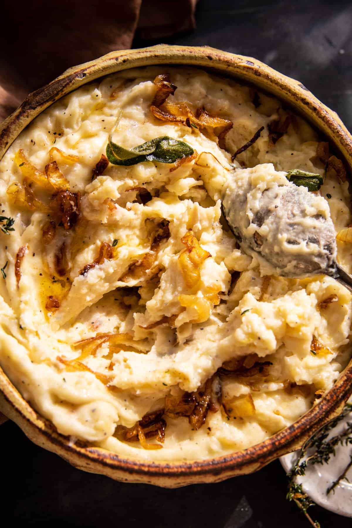 Crockpot Cheesy Mashed Potatoes with Caramelized Onions | halfbakedharvest.com