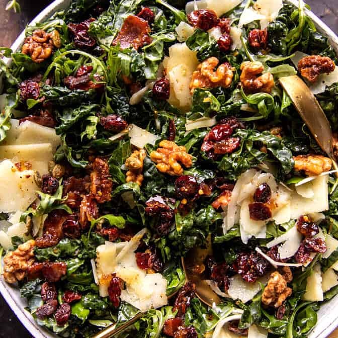 Kale Bacon Salad with Maple Candied Walnuts | halfbakedharvest.com