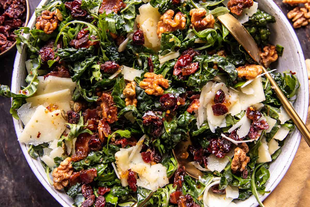 Kale Bacon Salad with Maple Candied Walnuts | halfbakedharvest.com