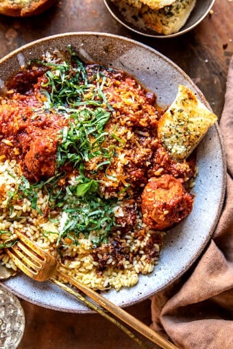 Saucy Braised Garlic Butter Meatballs with Orzo | halfbakedharvest.com
