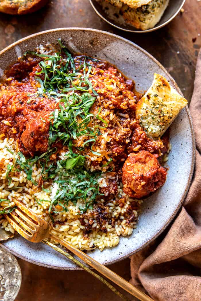Saucy Braised Garlic Butter Meatballs with Orzo.