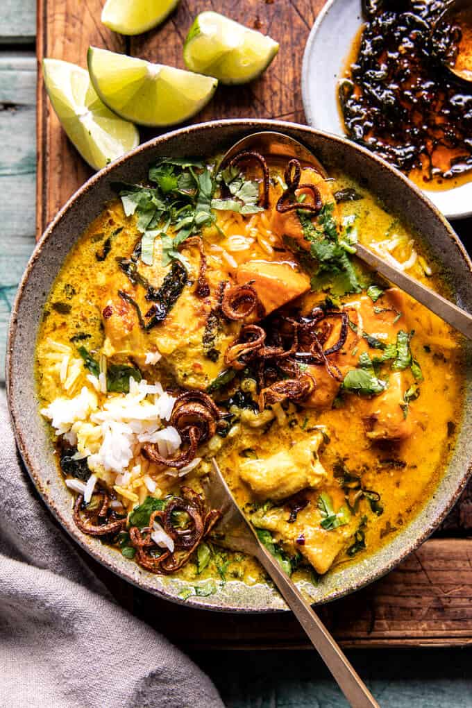 Crockpot Coconut Chicken Curry with Crispy Shallot Basil Oil. Half