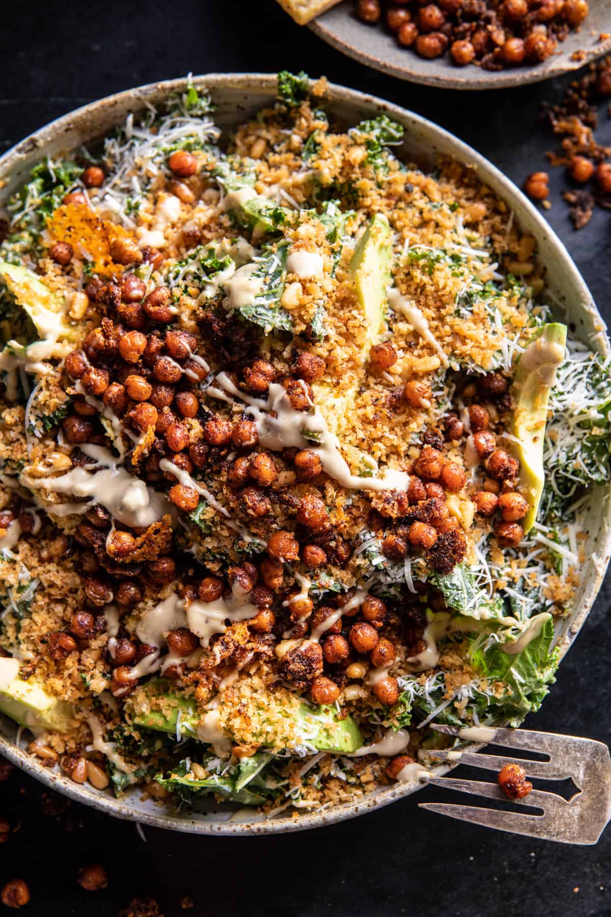 Parmesan Tahini Kale Salad with Breadcrumbs and Crunchy Chickpeas | halfbakedharvest.com