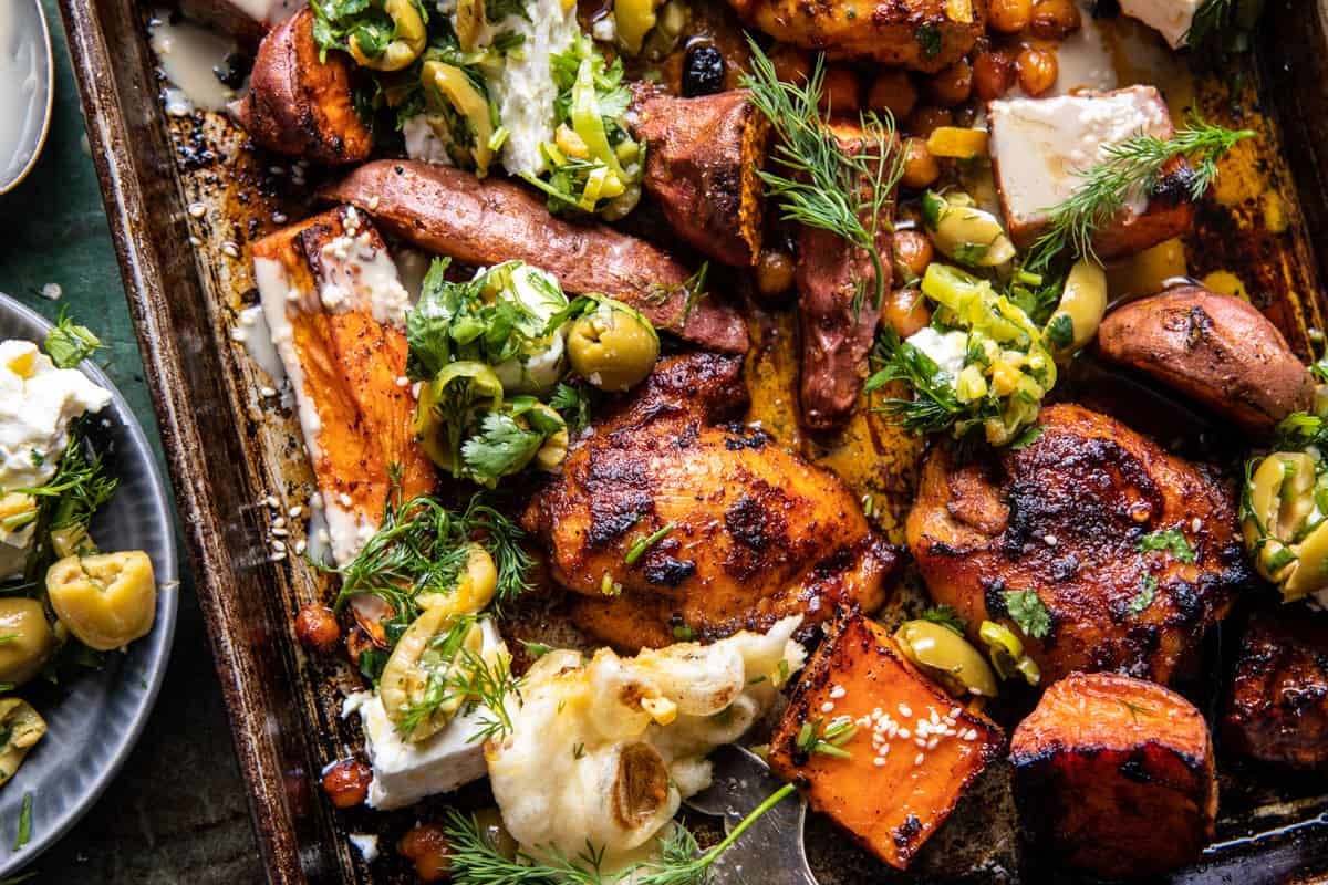 Sheet Pan Curry Butter Chicken with Sweet Potatoes and Tahini | halfbakedharvest.com