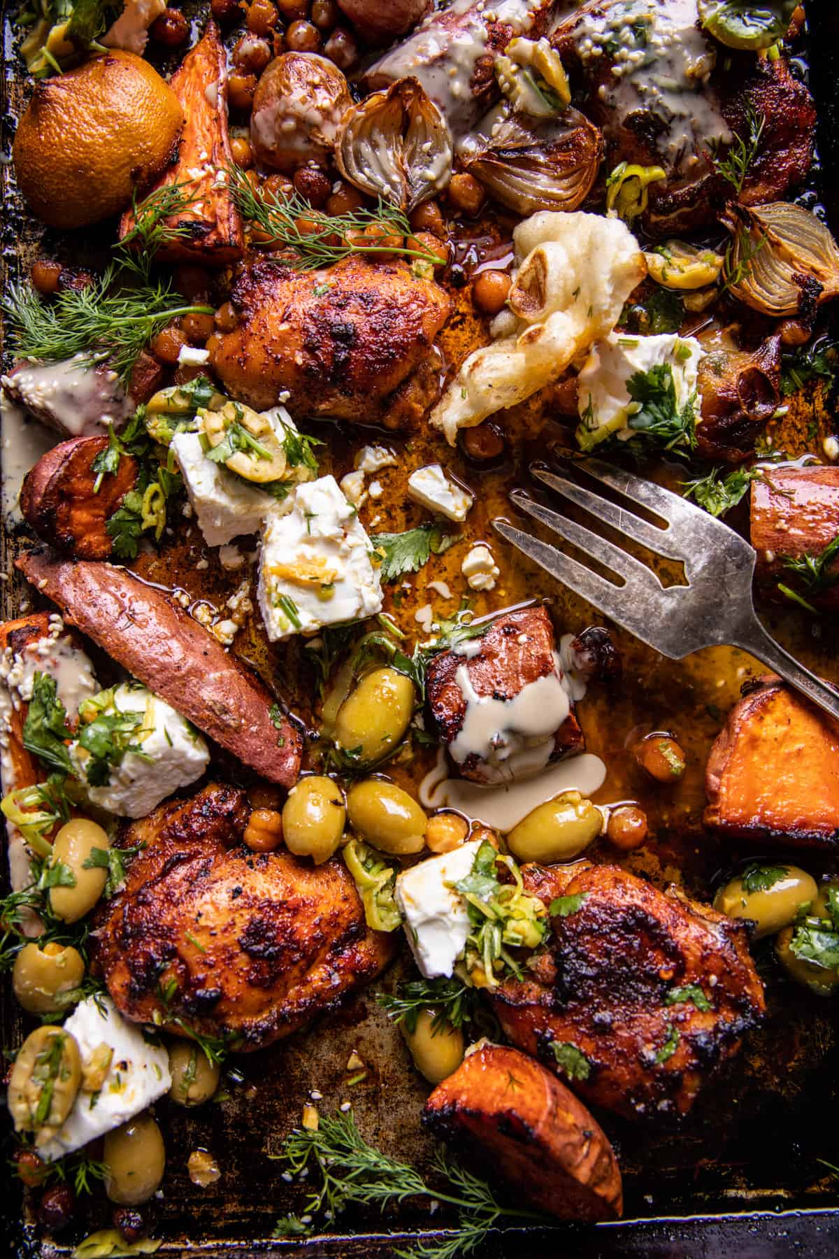 Sheet Pan Curry Butter Chicken with Sweet Potatoes and Tahini | halfbakedharvest.com