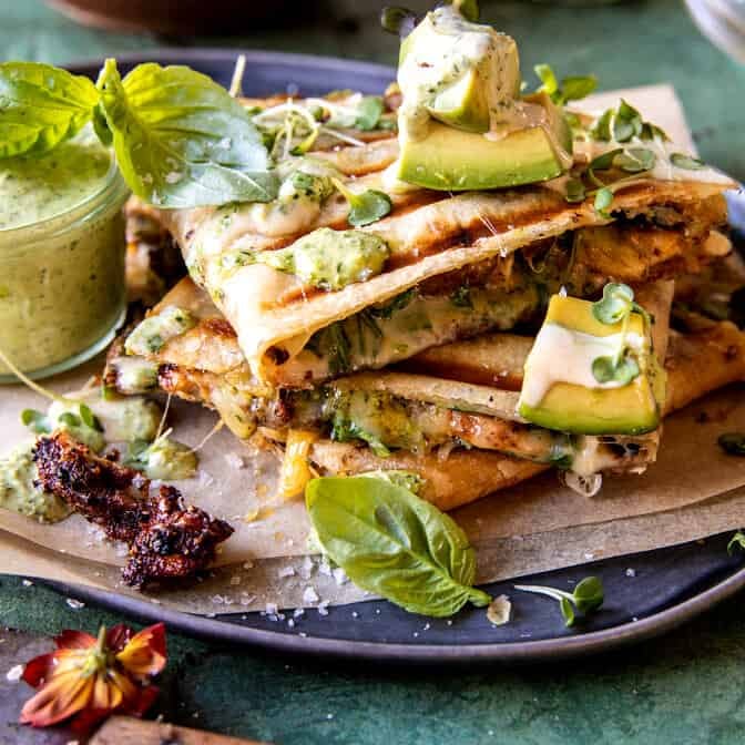 Black Pepper Chicken and Bacon Quesadillas with Avocado Basil Ranch | halfbakedharvest.com