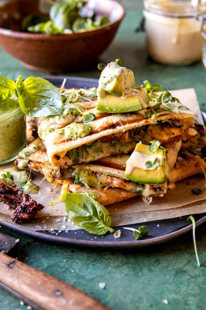 Black Pepper Chicken and Bacon Quesadillas with Avocado Basil Ranch | halfbakedharvest.com