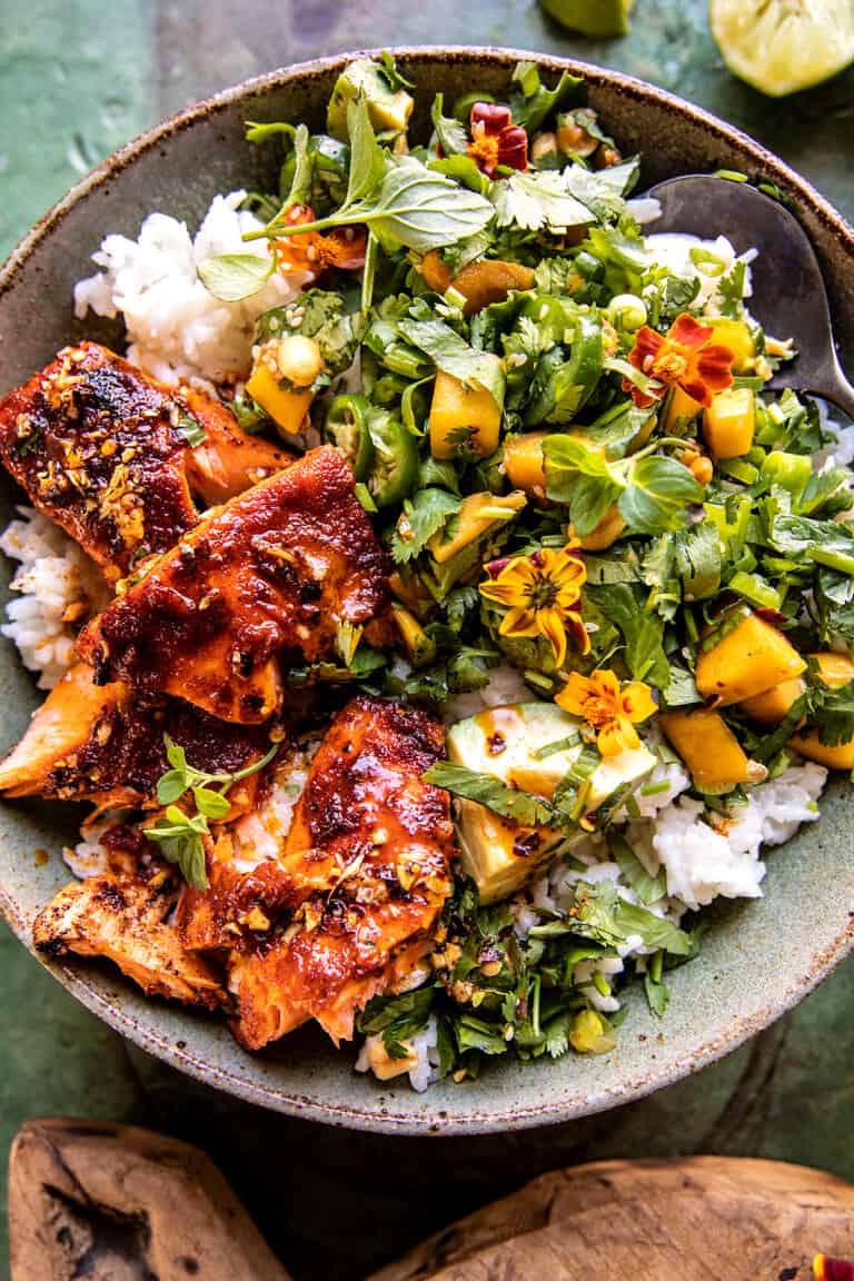 Chili Crisp Salmon Bowl with Avocado Mango Salsa. Half Baked Harvest