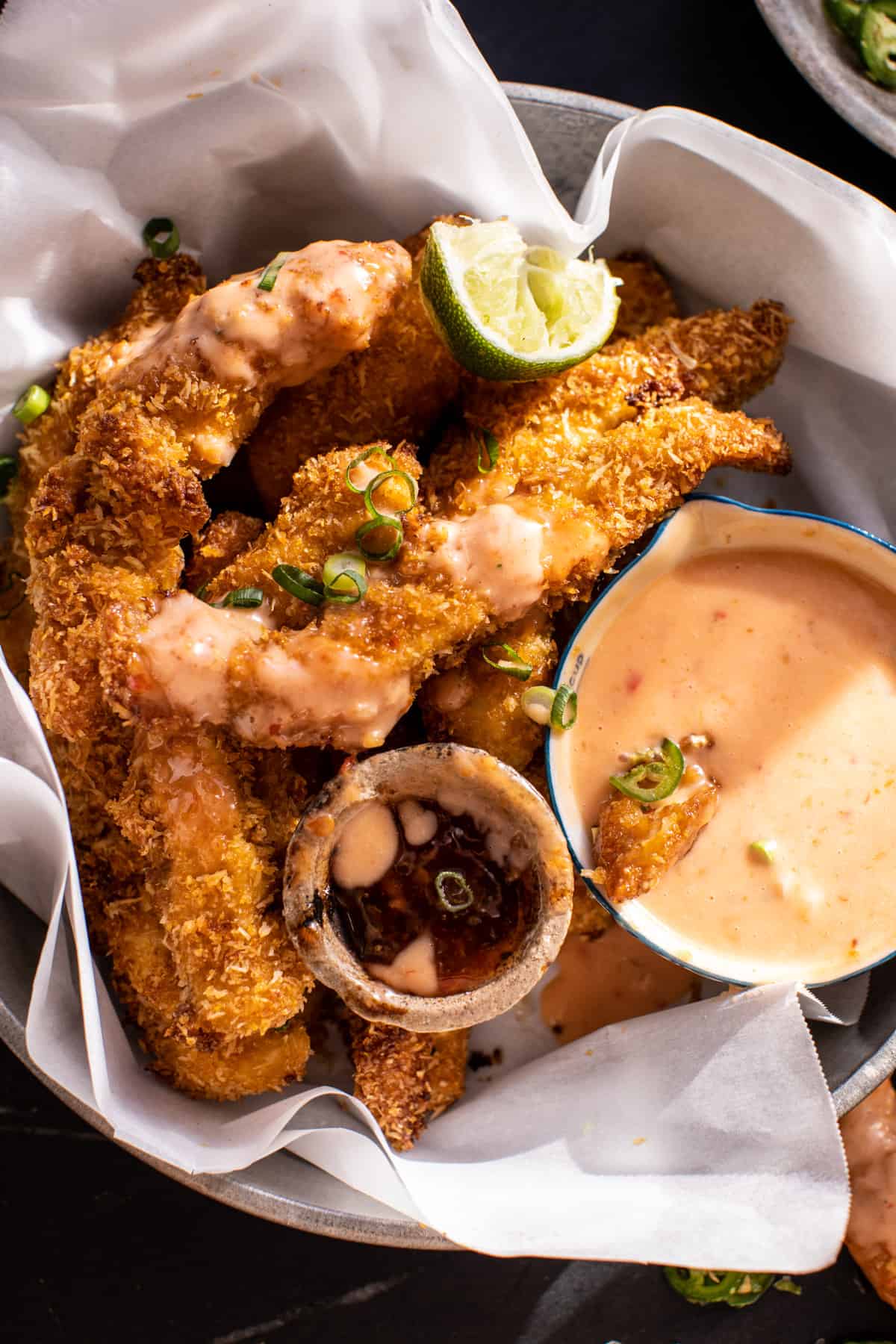Coconut Chicken Fingers with Bang Bang Sauce.