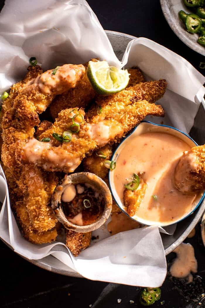 Coconut Chicken Fingers with Bang Bang Sauce | halfbakedharvest.com