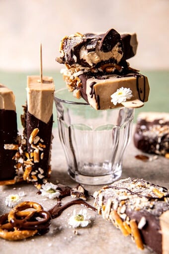 Creamy Chocolate Peanut Butter Banana Fudge Popsicles | halfbakedharvest.com