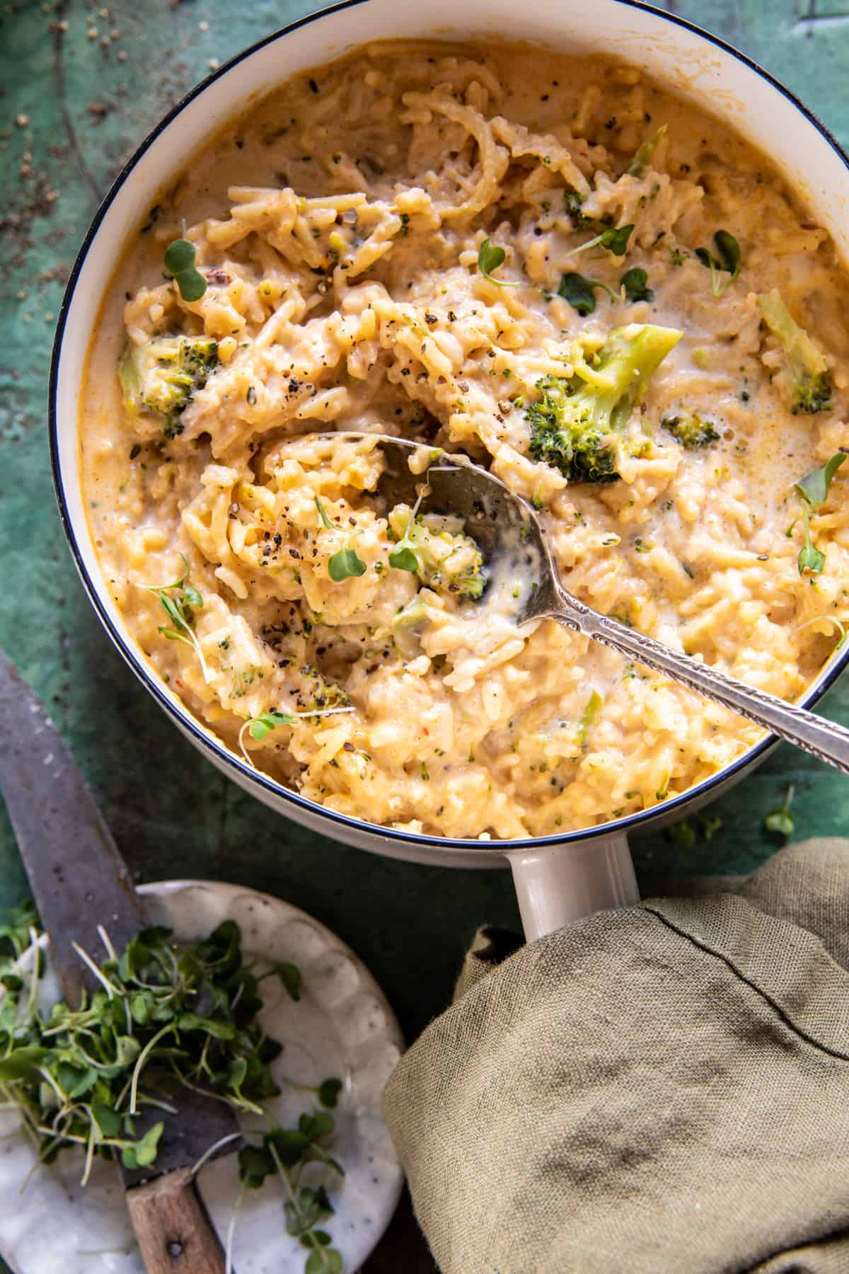 Souper Creamy Broccoli Cheddar Chicken Rice | halfbakedharvest.com