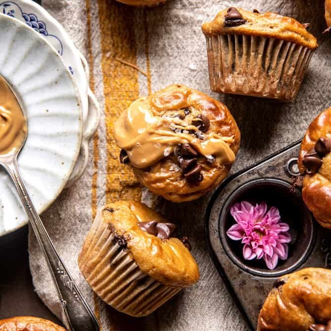 Blender Cottage Cheese Chocolate Chip Peanut Butter Banana Muffins | halfbakedharvest.com