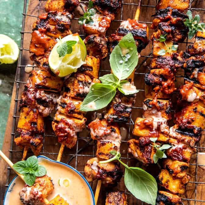 Chipotle Pineapple Bang Bang Chicken Skewers | halfbakedharvest.com