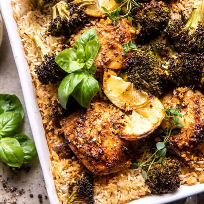 One Pan Lemon Pepper Yogurt Chicken and Rice | halfbakedharvest.com