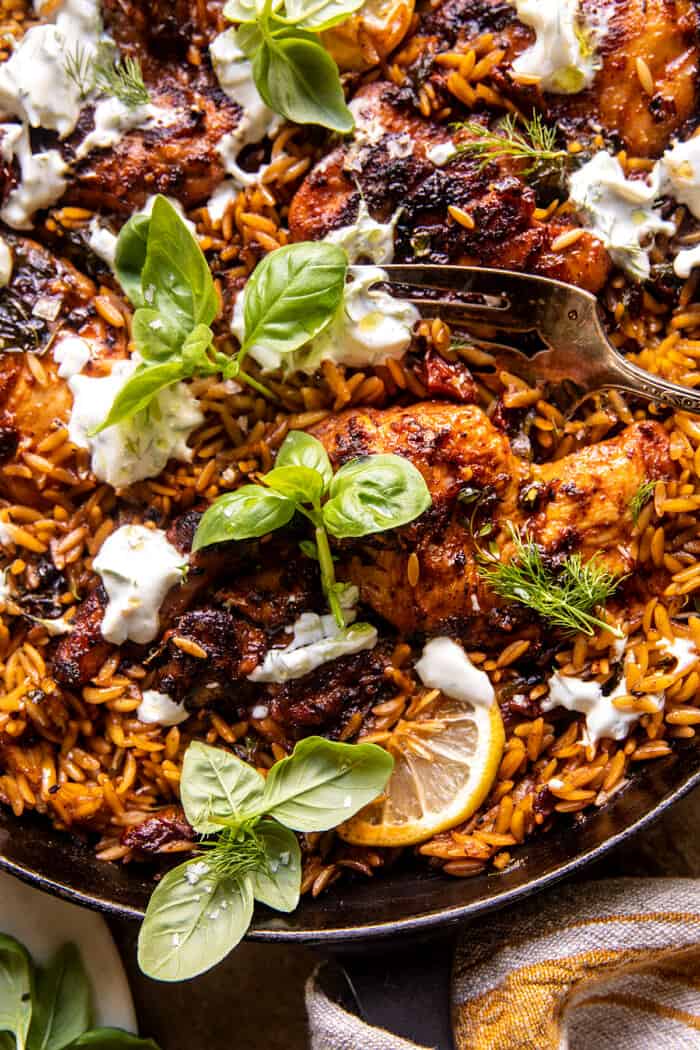 One Skillet Chicken Tzatziki and Orzo. Half Baked Harvest