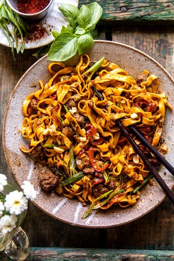 Almost Instant Red Curry Beef and Garlic Noodles | halfbakedharvest.com