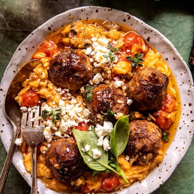 Crockpot Greek Chicken Meatballs with Creamy Tomato Orzo | halfbakedharvest.com