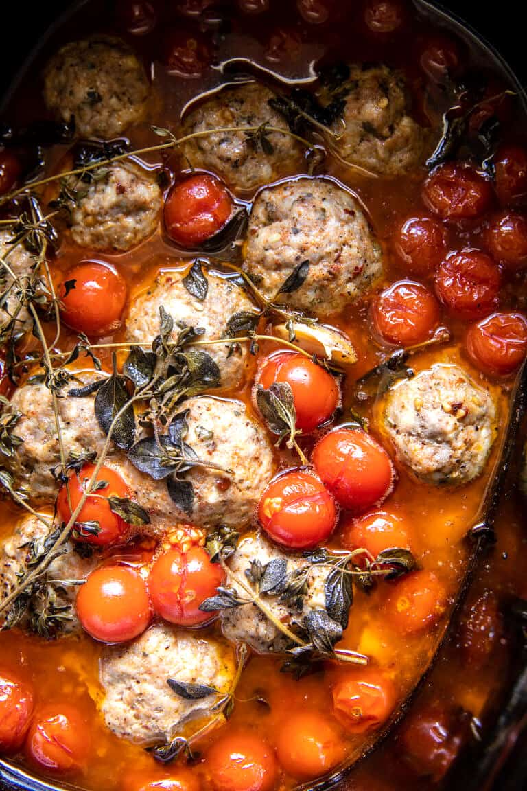Crockpot Greek Chicken Meatballs with Creamy Tomato Orzo. Half Baked