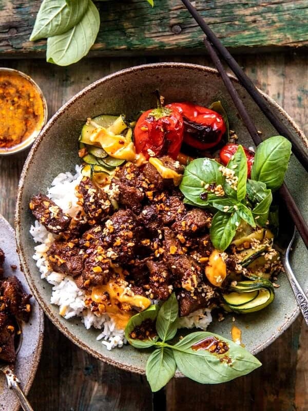 Sheet Pan Chili Crisp Beef Zucchini Rice Bowls | halfbakedharvest.com