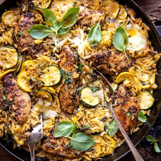 Skillet Garlic Butter Chicken and Zucchini Orzo | halfbakedhavrvest.com
