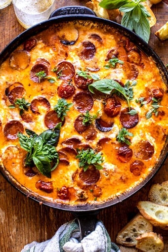 Tomato Burrata Pepperoni Pizza Dip | halfbakedharvest.com